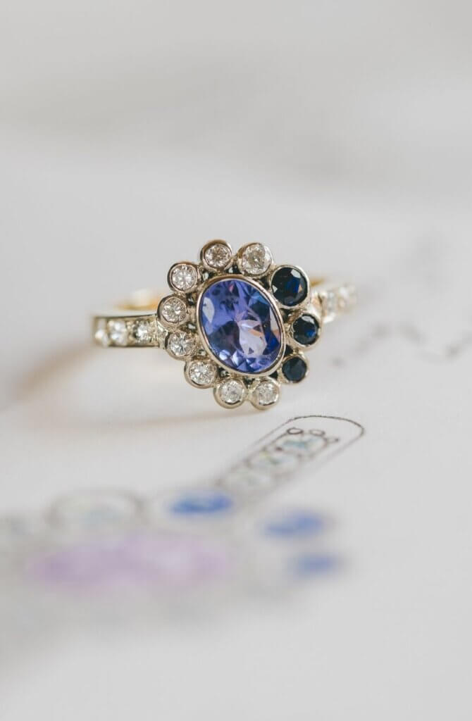 Asymmetric Cluster Ring using Sentimental Gemstones and Gold