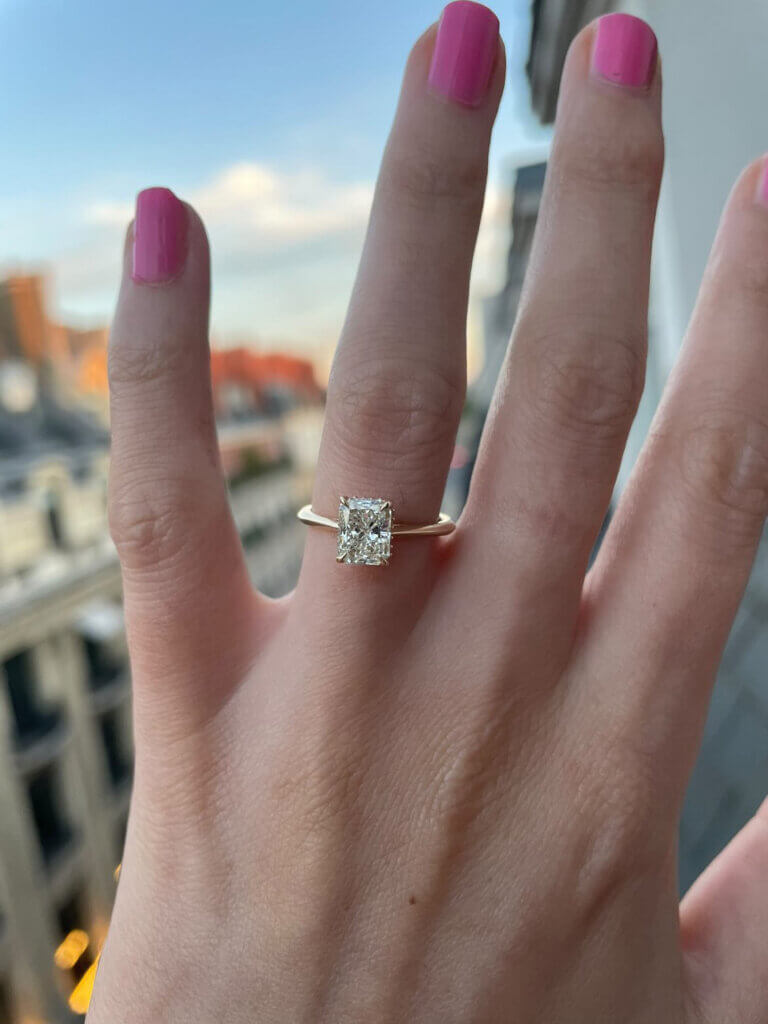 Radiant Cut Diamond Engagement Ring with a Hidden Halo