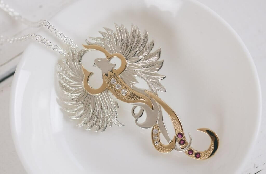 Phoenix Pendant using Recycled Gold and Gemstones