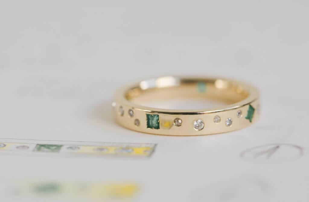 Recycled Gold Wedding Ring with Scatter set Emeralds and Diamonds