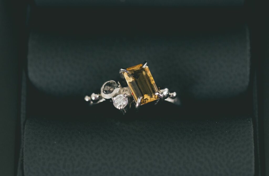 Citrine, Diamond and Salt and Pepper Diamond Asymmetric Cluster Ring