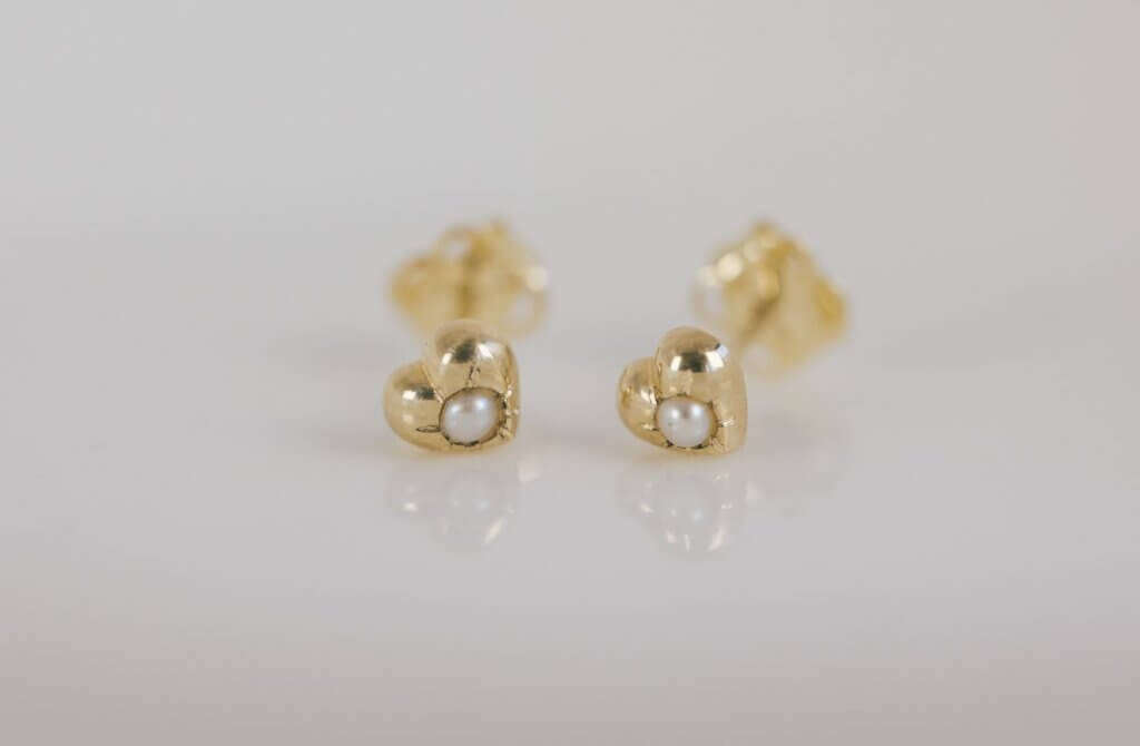 Gold Heart and Pearl Stud Earrings