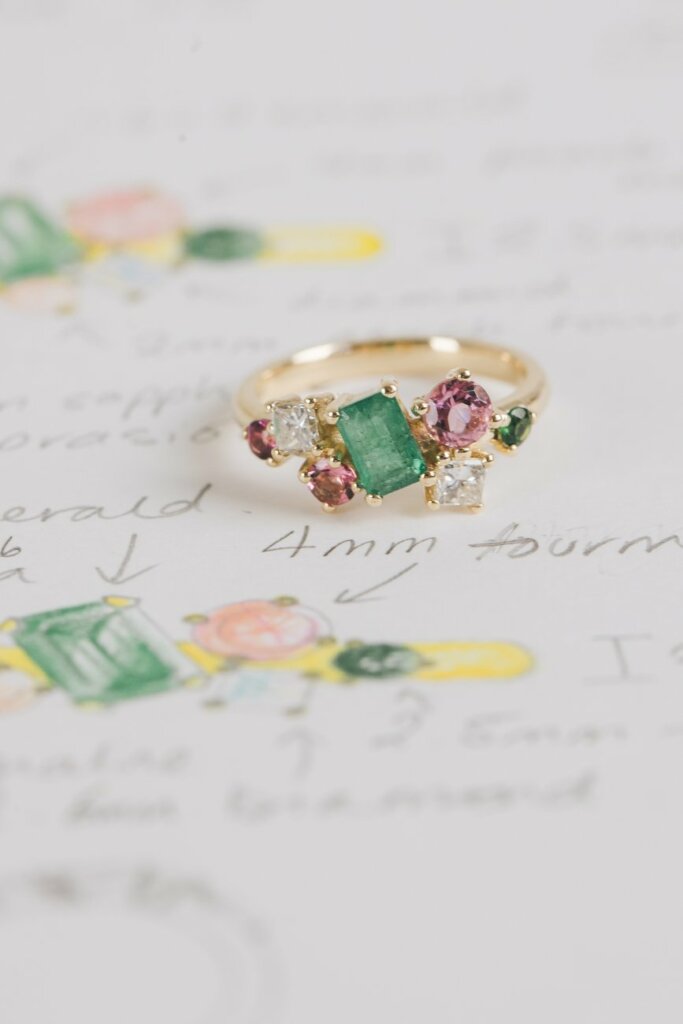 Asymmetric Green and Pink Combined Engagement and Wedding Ring