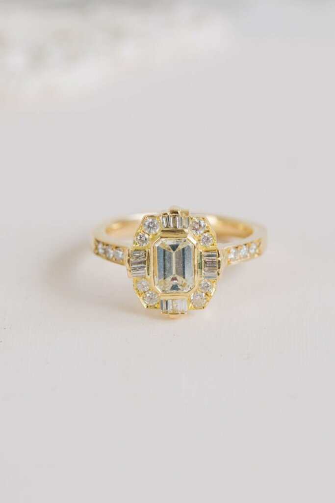 Shaped Halo Emerald Cut Diamond Engagement Ring