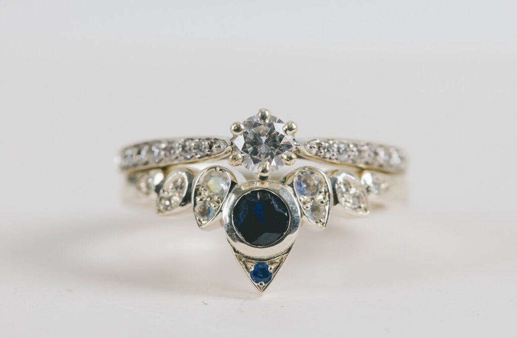 Sapphire, Moonstone and Diamond Tiara Wedding Ring