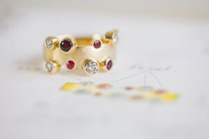 Recycled Ruby, Diamond and Yellow Gold Offset Ring