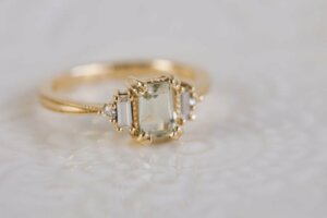 Green Amethyst and Moissanite Engagement Ring