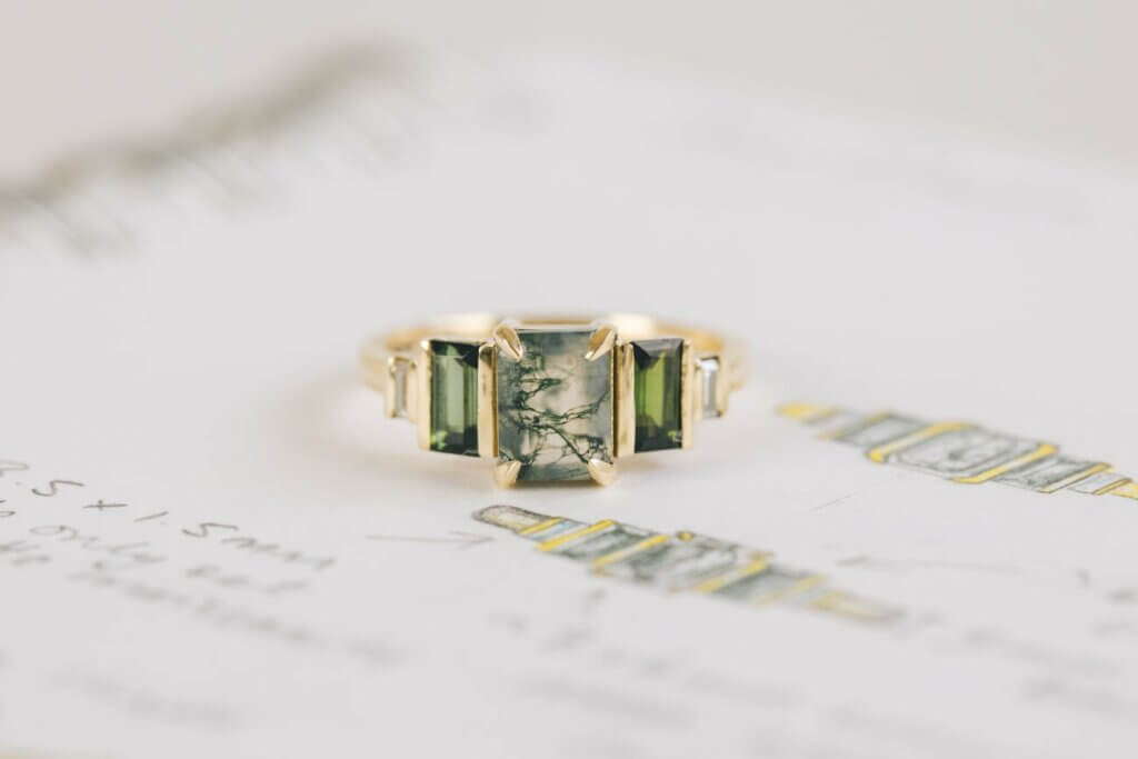 Moss Agate, Tourmaline and Diamond Five Stone Engagement Ring