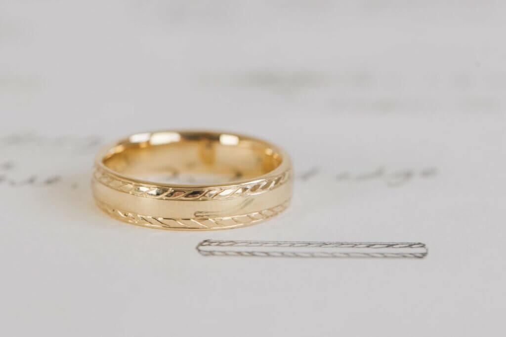 Hand Engraved Rope Design Recycled Gold Gents Wedding Ring