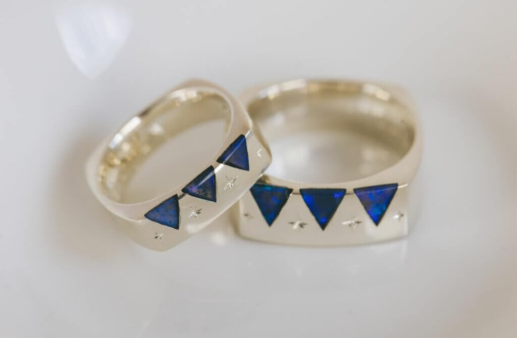 Inlaid 'Night Sky' Opal and Emerald Natural White Gold Square Wedding Rings