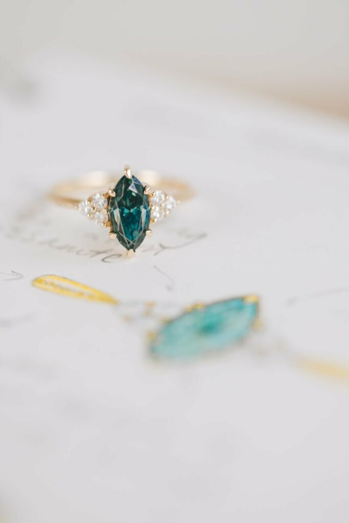 Marquise Teal Moissanite and Diamond Engagement Ring