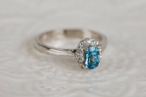 Aquamarine and Diamond Scalloped Halo Ring