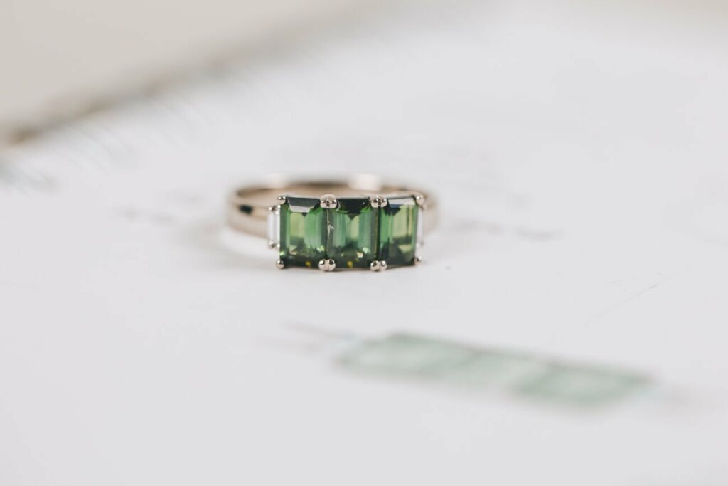 Emerald Cut Tourmaline Trilogy Ring with Baguette Diamonds