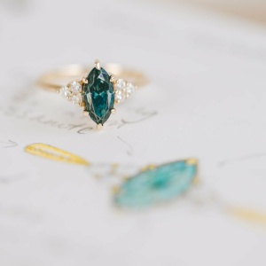 Marquise Teal Moissanite and Diamond Engagement Ring