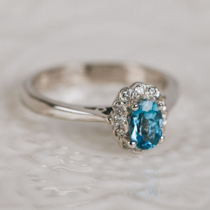 Aquamarine and Diamond Scalloped Halo Ring