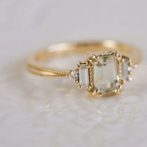 Green Amethyst and Moissanite Engagement Ring